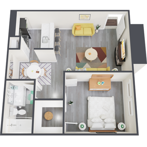 a bedroom with a bed and a chair in a room